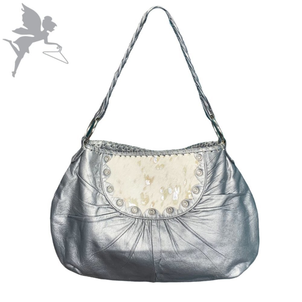 TREESJE Silver and Metallic Cowhide Inset Hobo Bag